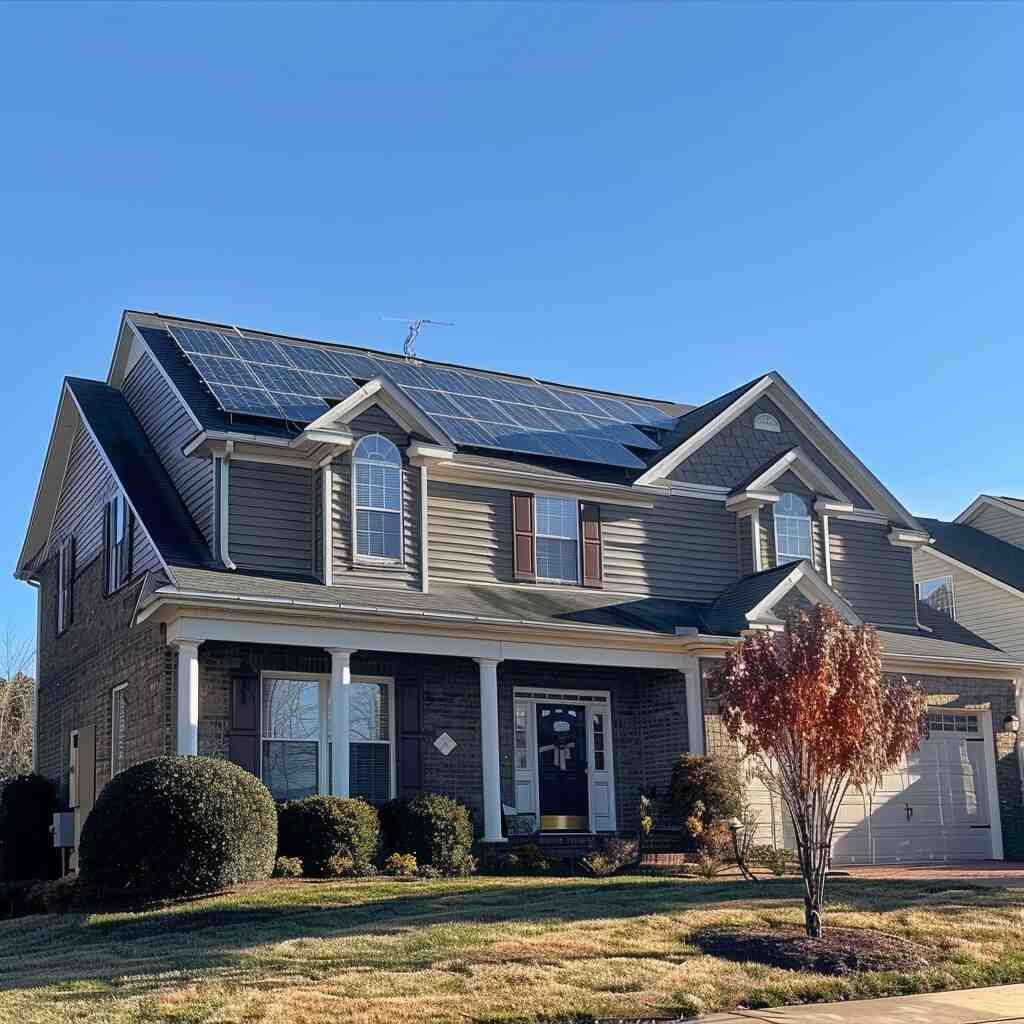 a nice upper scale home in virginia beach with solar on the front facing part of the roof with a small tree in the front yard