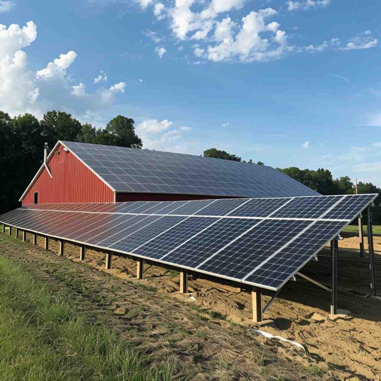 solar panels on the roof of a red barn with more mounted on the ground with trees in the background taken by Reece