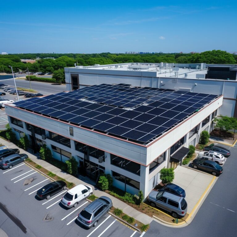 Office building with a comprehensive array of solar panels installed on its roof, demonstrating the adoption of green energy in a corporate environment in virginia beach