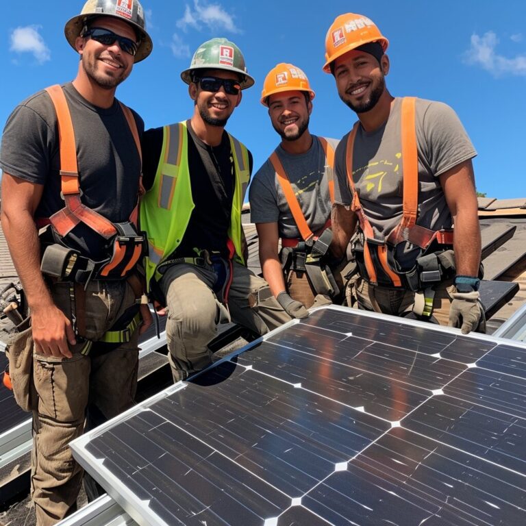 solar technicians actively installing photovoltaic panels on a rooftop, equipped with safety gear, in a demonstration of renewable energy implementation.