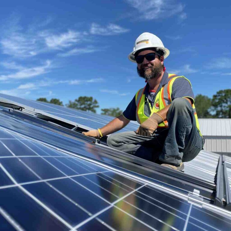 solar installer smiling with hard hat and a utility vest looking at a completed solar install on roof