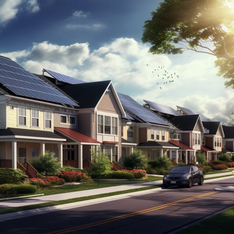 Neighborhood scene where every house features rooftop solar installations, reflecting the area's commitment to utilizing sustainable energy sources